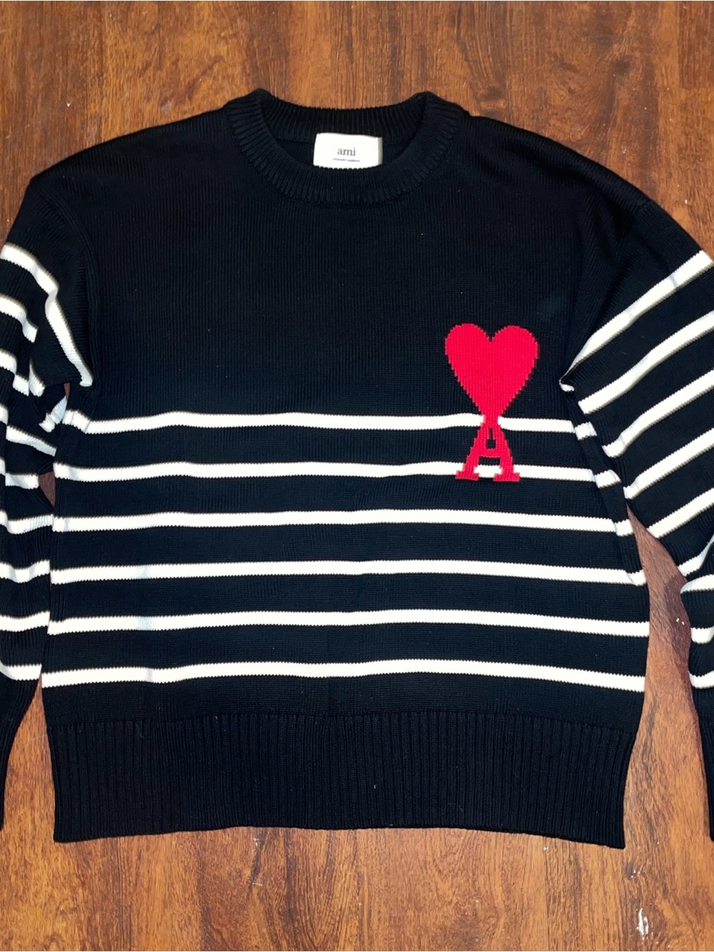 Ami Black & White Striped Crewneck Sweater with Red Heart A
